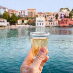 Raising hand holding a glass of retsina white wine in front of the sea and the famous village Assos in Kefallonia island in Greece. Happy holidays toast.