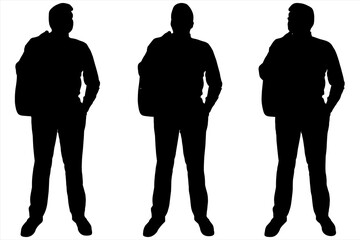 Businessman stands still and holds his jacket. Man in a suit put his jacket on his shoulder. Three male silhouettes stand in a row. Front view, full face. Black silhouette is isolated on a white. 