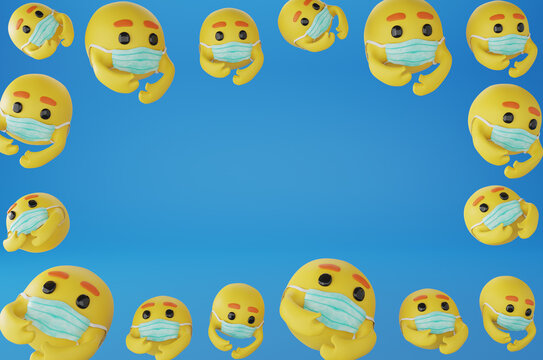 Care emoji ,Yellow Ball Character with Medical Mask,Social Media face emoticon isolate on blue background. 3d Render.