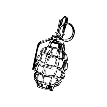 Hand drawn grenade icon, ink drawing sketch weapon vector, black isolated illustration on white background. Military design element