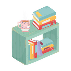 furniture with books and tea cup isolated icon design