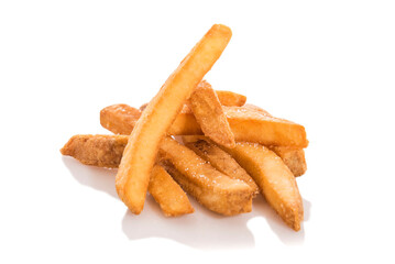 Homemade french fries with salt isolated on white.