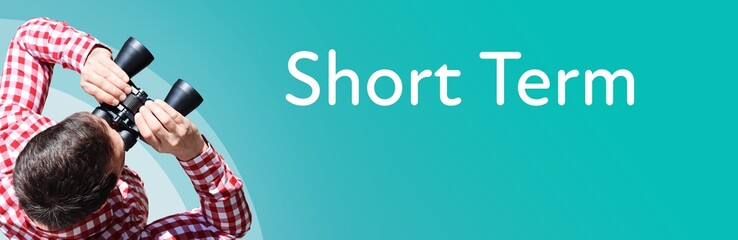 Naklejka premium Short Term. Businessman (man) looks through binoculars. Birds eye view. Focus on text. Blue Background. Business, Finance, Statistics, Analysis, Economy