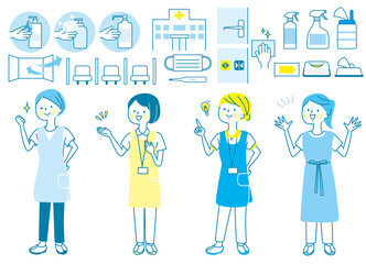  若い女性　看護師　整体師　白衣　表情セット