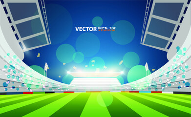 Football arena field with bright stadium lights vector eps10 - obrazy, fototapety, plakaty