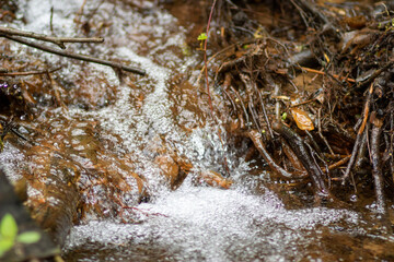 The water source flows down the rocks into the river. Water in the form of bubbles flows down the stones