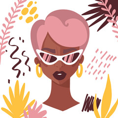 Fashion portrait of a model woman with sunglasses. Beautiful woman's face. Girl with pink hair and modern sunglasses. Summer poster design for web and print. Retro fashion look. Vector illustration.
