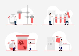 An illustrated concept of research laboratories, scientists working in laboratories