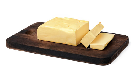 Butter on wooden board isolated on white background