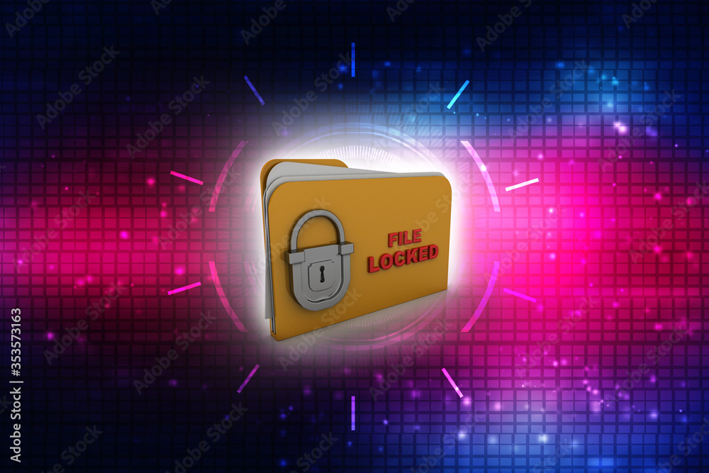 Poster yellow folder and lock. data security concept. 3d rendering