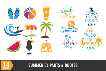 Summer beach icon and quote graphic design set