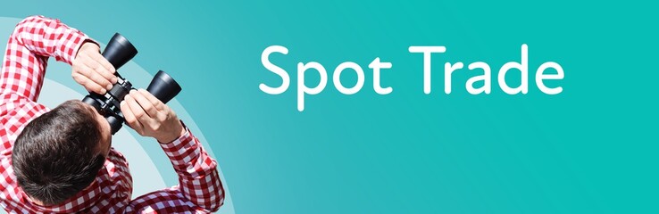 Naklejka premium Spot Trade. Businessman (man) looks through binoculars. Birds eye view. Focus on text. Blue Background. Business, Finance, Statistics, Analysis, Economy