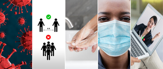 Coronavirus COVID-19 image set banner in concept of prevention information including safety precaution and doctor service to prevent spreading infection of covid-19 or 2019 Coronavirus Disease.