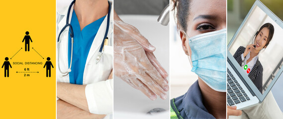 Coronavirus COVID-19 image set banner in concept of prevention information including safety precaution and doctor service to prevent spreading infection of covid-19 or 2019 Coronavirus Disease.