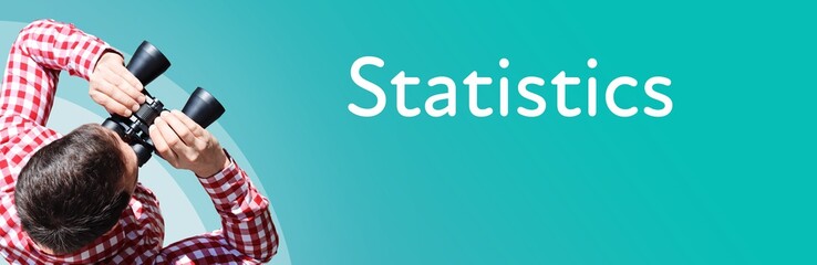 Naklejka premium Statistics. Businessman (man) looks through binoculars. Birds eye view. Focus on text. Blue Background. Business, Finance, Statistics, Analysis, Economy