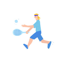 Fototapeta na wymiar Young tennis man flat hand drawn illustration. Teenager cartoon character hits a ball with a two-handed backhand. Athlete plays tennis. Definition of sport.