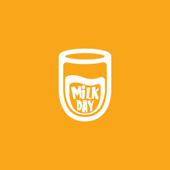 vector wold milk day outline style icon or label isolated on orange background. Milk day greeting poster design template. Milk day logo with milk glass