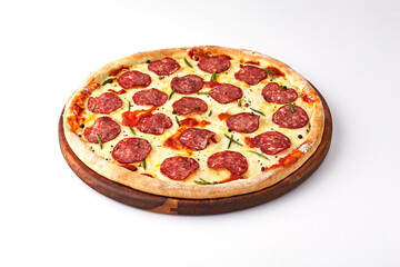American fast food, American pizza, Italian food, Italian pizza, Italian cuisine, Pizza pepperoni, on wooden board isolated on white background