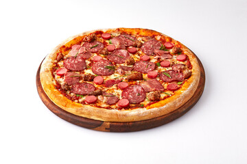 Italian Pizza, American pizza classic pizza on wooden board isolated on white background