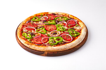 Italian food traditional cuisine, Pizza vegetables, on wooden board isolated on white background