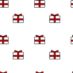 Seamless pattern of white and red gift box or present with bow and ribbon on white background. Hand drawing vector doodle icons repeating backdrop of the Christmas element and happy new year.