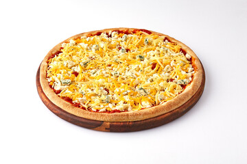 Italian food, traditional cuisine, Pizza cheese, on wooden board isolated on white background