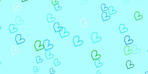 Light Blue, Green vector background with Shining hearts.
