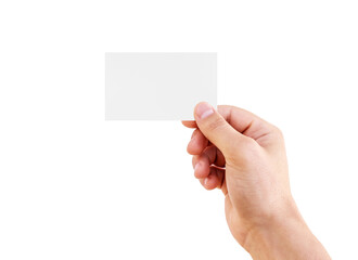 Empty man hand holding business card isolated.