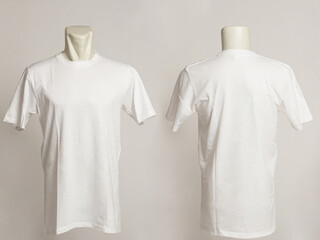 Blank white tshirt template, from two sides, natural shapes on mannequins, for your mockup design to be printed, isolated on a white background.