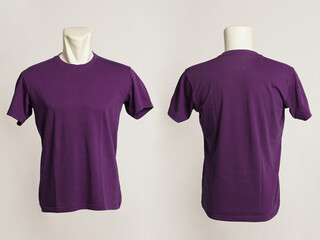 Blank purple tshirt template, from two sides, natural shapes on mannequins, for your mockup design to be printed, isolated on a white background.