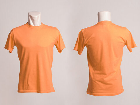 Blank Orange Tshirt Template, From Two Sides, Natural Shapes On Mannequins, For Your Mockup Design To Be Printed, Isolated On A White Background.