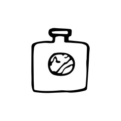 Flask. Vessel for drinking. Jar with alcohol for hiking or camping. Bottle for hunters and fishermen.Vector illustration in doodle style, isolate on a white background.