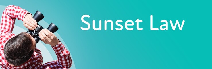 Naklejka premium Sunset Law. Businessman (man) looks through binoculars. Birds eye view. Focus on text. Blue Background. Business, Finance, Statistics, Analysis, Economy