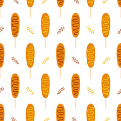 Corn dogs with mustard and ketchup, american fast food cartoon style seamless pattern background.

