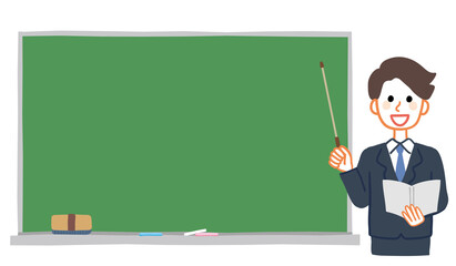 Illustration of blackboard and male teacher. The blackboard is a text space.