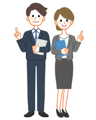 Full body illustrations of men and women wearing suits