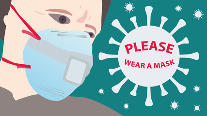 Cute male person wearing protective face mask. Please wear a mask.