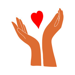 Dark-skinned hands hold the heart.Two palms.Flat illustration.Love and happiness.Valentine's day.Day of lovers.Wedding.Vector illustration.