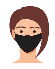 Face recognition of an woman in facial medical mask, word stock vector illustration as a concept of person identification by digital technology