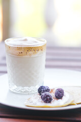 Dalgona coffee with raspberry yogurt pancakes