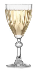 Glass of tasty champagne on white background