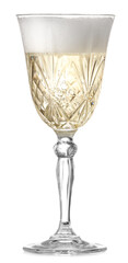 Glass of tasty champagne on white background