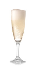 Glass of tasty champagne on white background