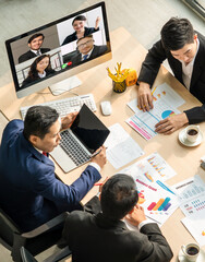 Video call group business people meeting on virtual workplace or remote office. Telework conference...