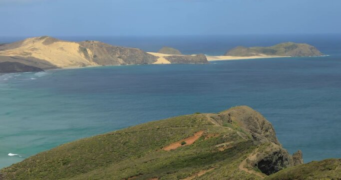 4K panning right to left motion of the sand dunes and beach at the tip of Cape Reinga being the furthest northern point on the North Island of New Zealand, a famous tourist attraction