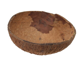 Coconut shell cut in half, tropical bowl isolated on white background with clipping path