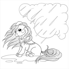 Cute pony character. Vector pony for coloring book. Sad pony in the rain. Children's character for drawing. Isolated