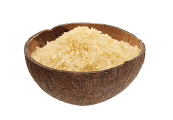Parboiled rice pile in coconut shell cut  isolated on white background 