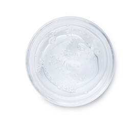 Jar of transparent cosmetic gel on light background, top view