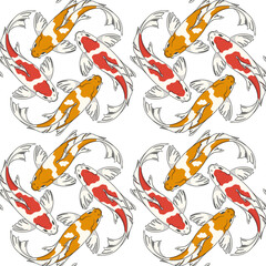 Seamless pattern with red and orange koi fish carps. Colored vector background.